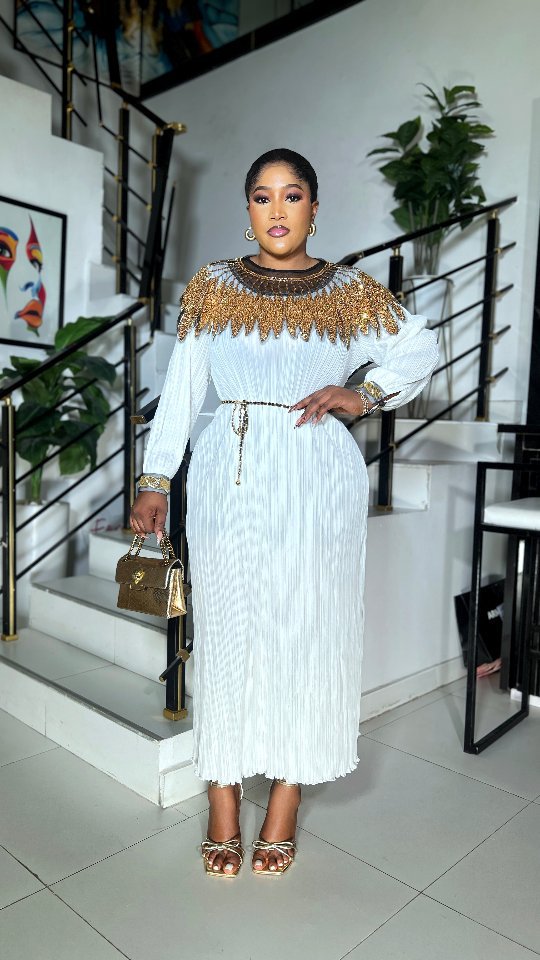 Luxury Sequin Cape Patch Slim Waist Pleated Loose Long Dress