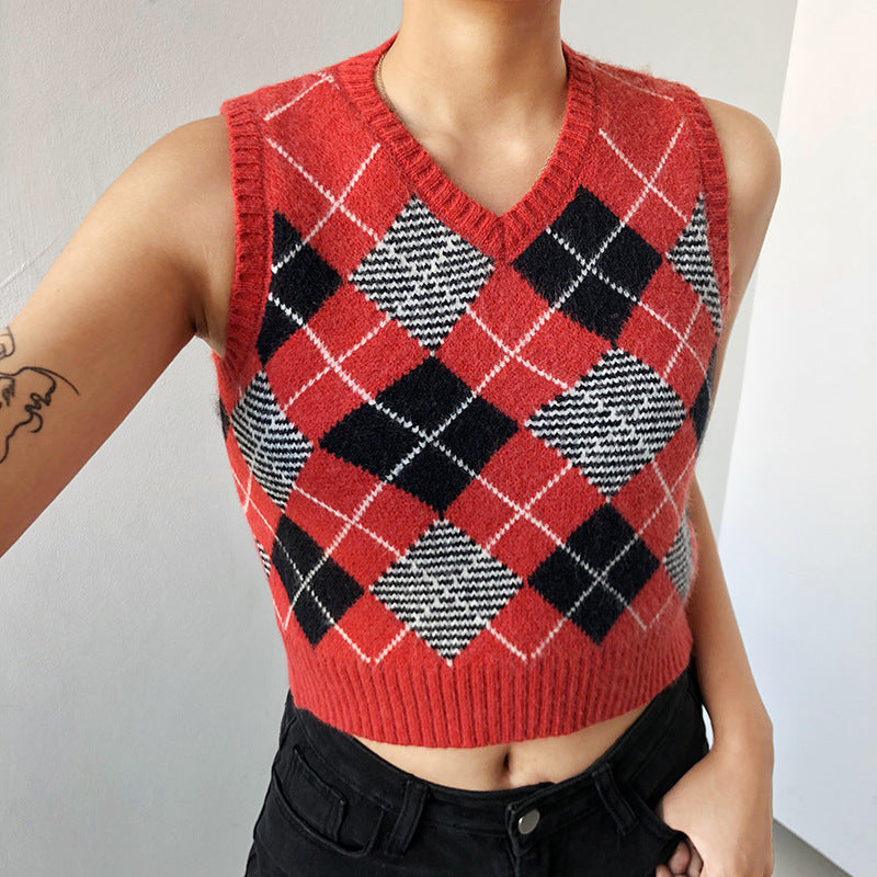 Women Solid Plaid Sleeveless V-Neck Sweater