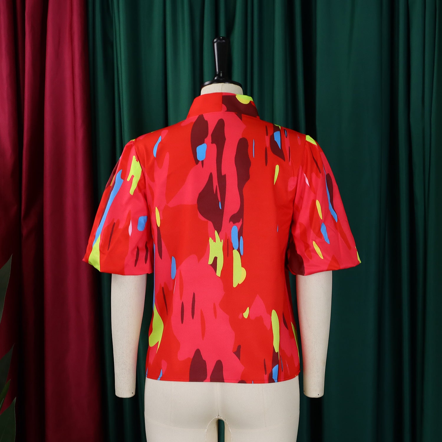 Women Printed Lace-Up Bubble Short Sleeve Shirt Top 5