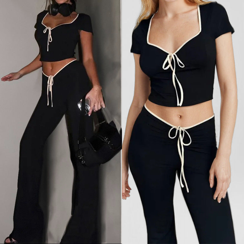Women Autumn Sexy Crop Top Drawstring Wide-Leg Pants Two Piece Set