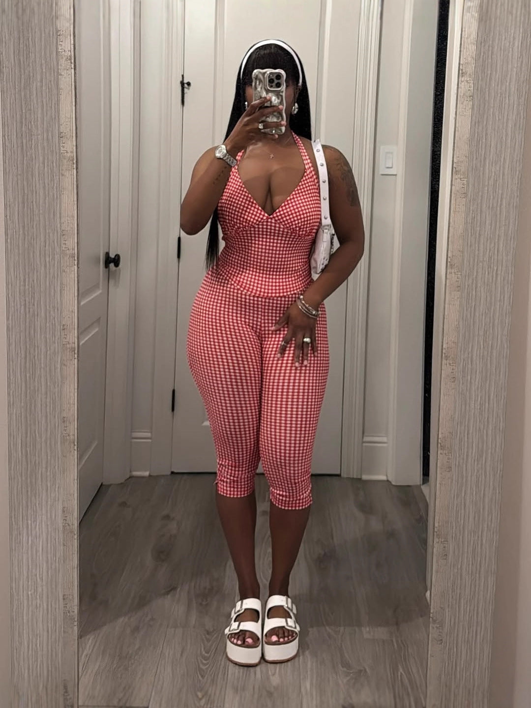 Fashion Plaid Print Sexy Stretch Short Halter Top Slim Tight Pants Set 8