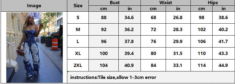 Women Elastic Off-Shoulder Cargo Splash Ink Bell Bottom Denim Jumpsuit 7