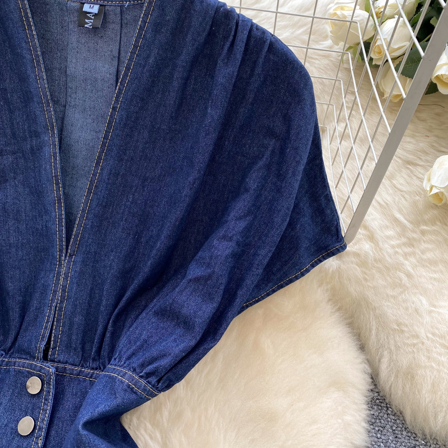 Women's Summer Deep V neck Slim Waist Buttoned Pleated Casual Denim Dress 6