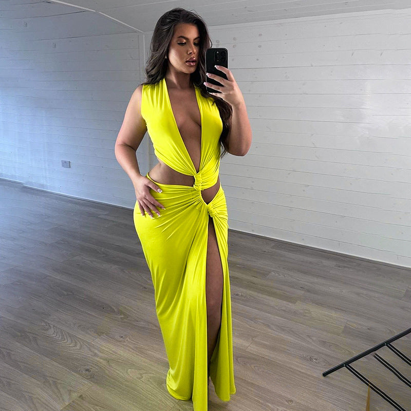 Women's Summer Solid Color Sexy Deep V Hollow Slit Slim Long Dress 9