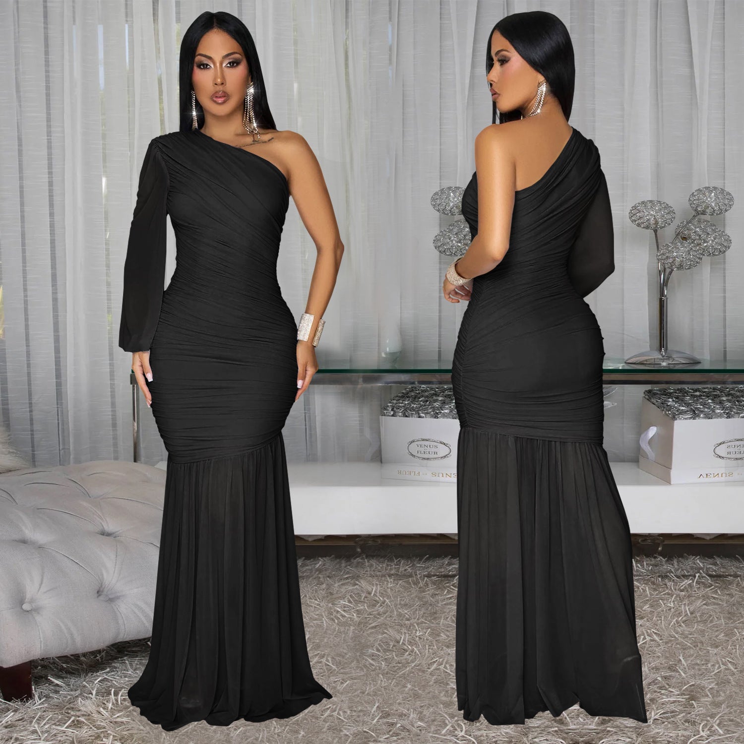 Women Sexy Slash Shoulder Mesh Dress 7