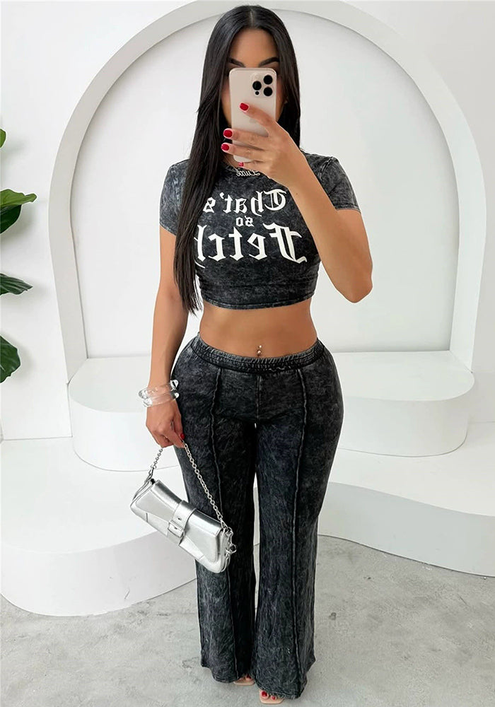 Women High Street Hiphop Print Short Short Sleeve Top Straight Pants Set