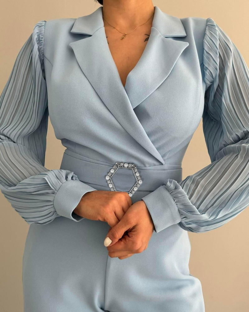 Women Career pleated long sleeve Patchwork Turndown Collar belt wide leg jumpsuit 4