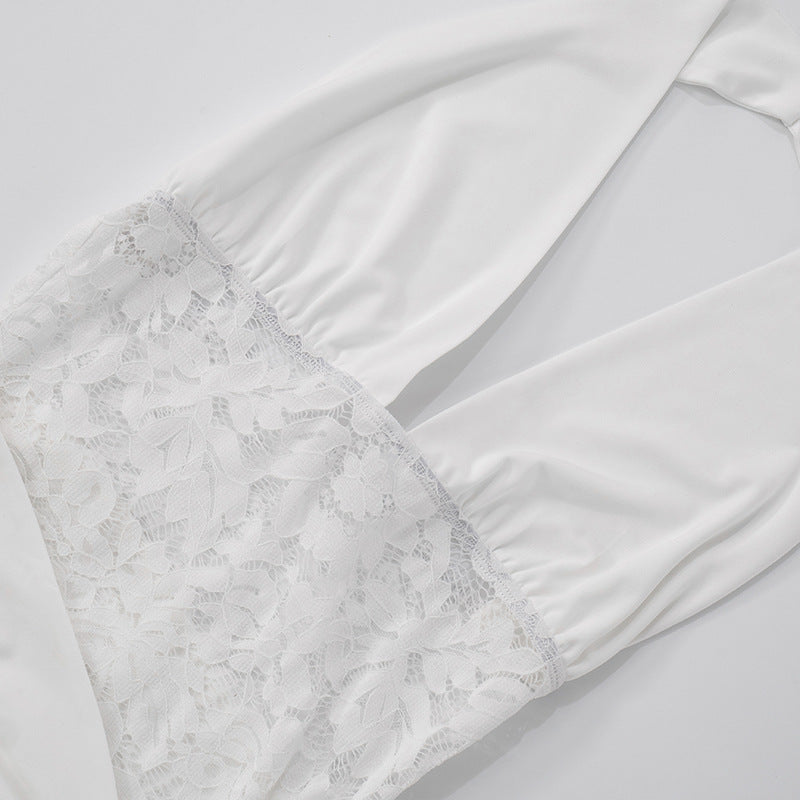 Women Sexy Halter Neck Lace Patchwork Gathered Tie Bodycon Dress 18