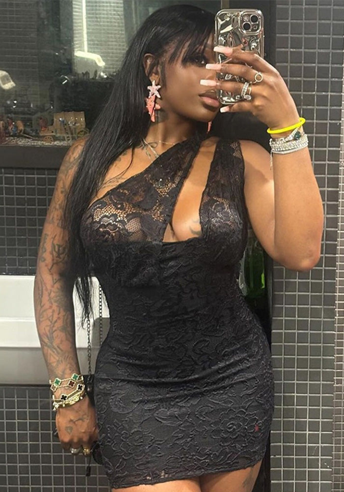 Summer irregular hollow Slash Shoulder Lace Tight Fitting Bodycon Dress