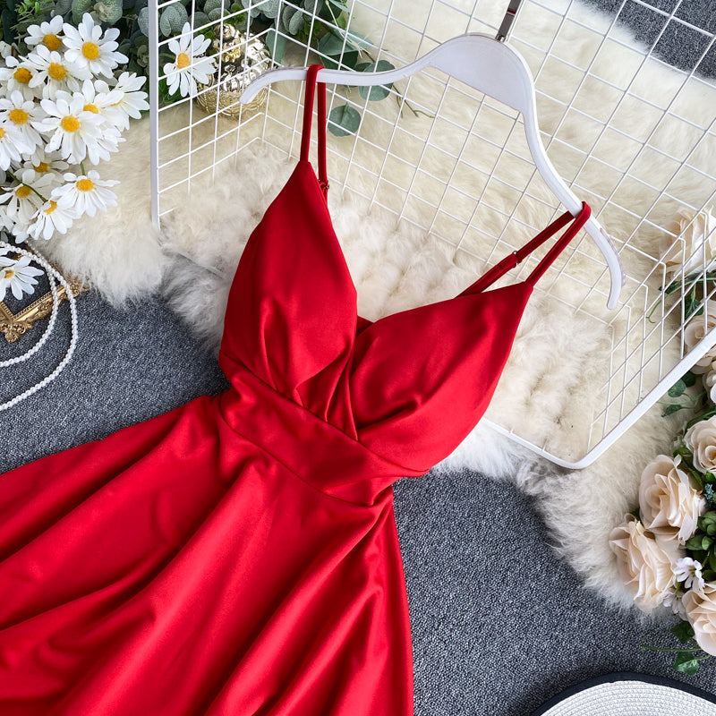Spring Feminine V-Neck Low Back Slim Waist High Waist Slim Fit Solid Color Straps Basic A-Line Dress 33
