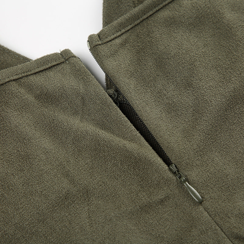 Vintage Olive Green Ruffled Patchwork Flying Sleeve Dress Chic V-Neck Slim Waist  A-Line Long Dress 13