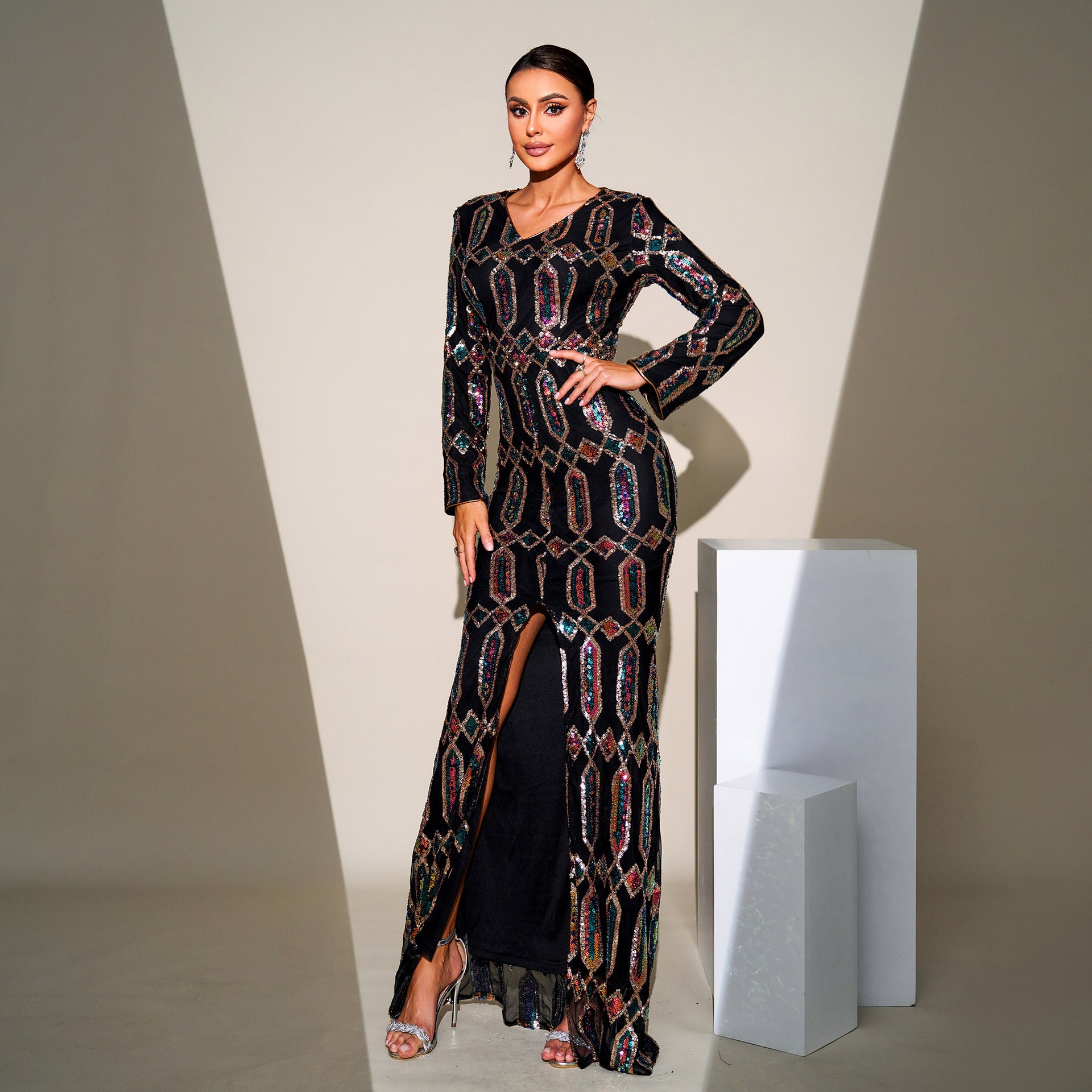 Women Sequined Long Sleeve Round Neck Formal Party Maxi Evening Dress 5