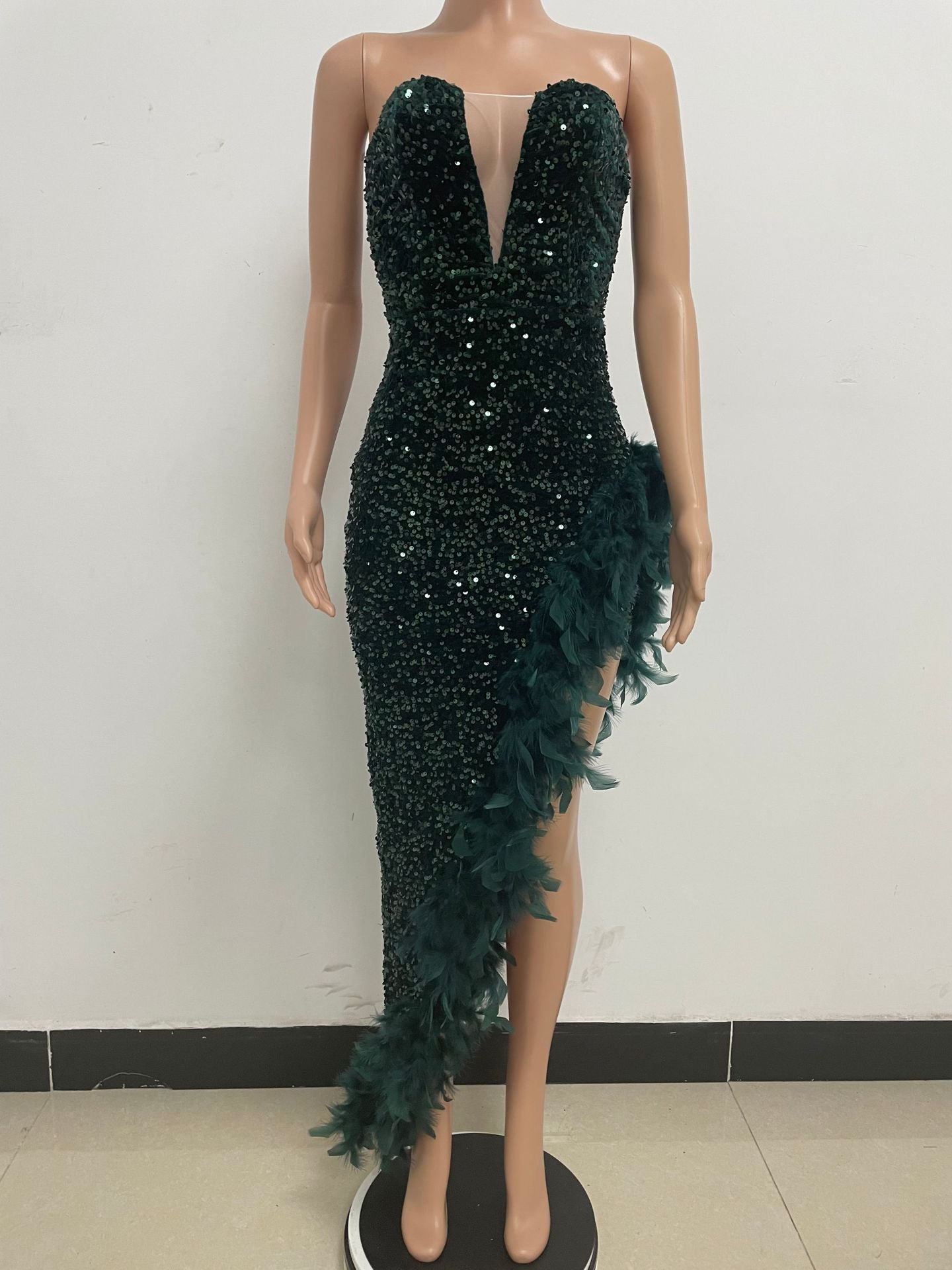 Women Sexy Off Shoulder Backless Sequin Feather Dress 32