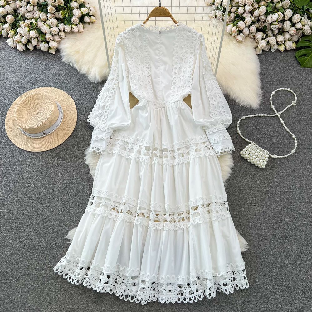 Spring Autumn Retro Chic Lantern Long Sleeve Lace Hollow Patchwork Round Neck Slim Waist Casual Dress 26