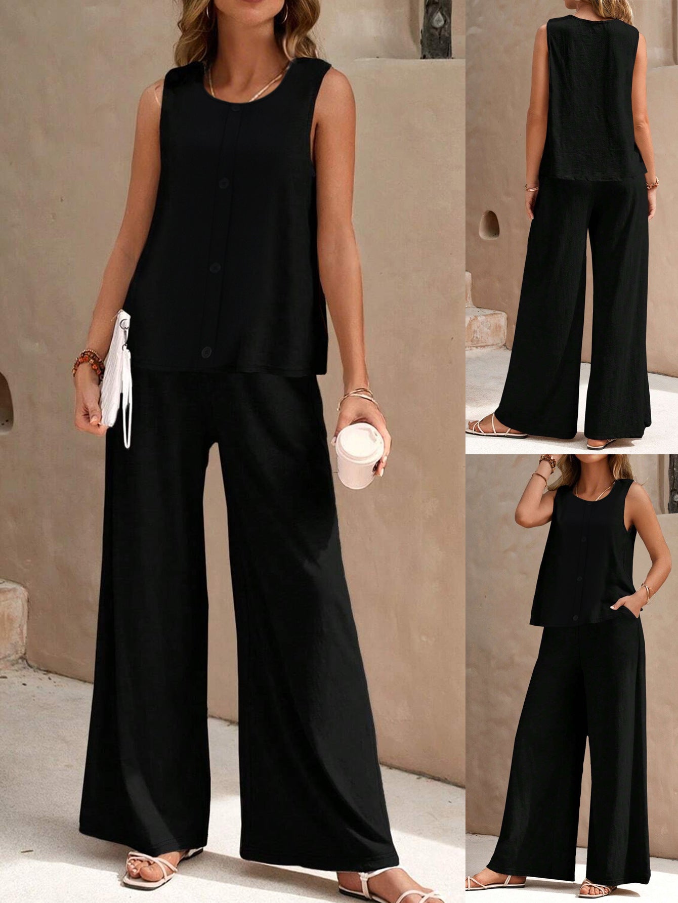 Women Round Neck Sleeveless Top and Pants Two-piece Set 3
