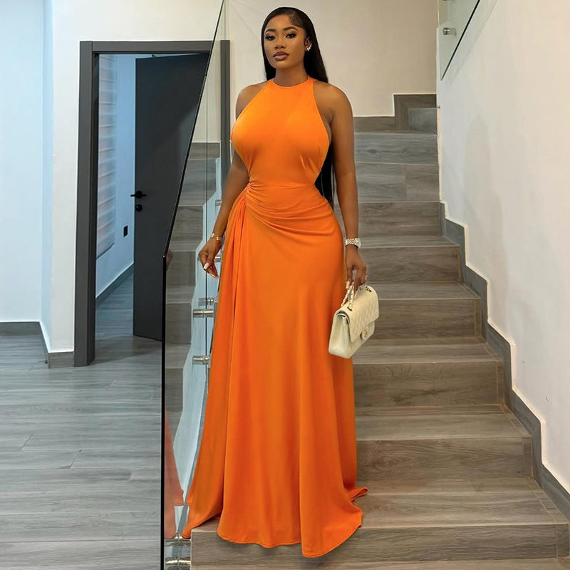 Women Solid Pleated Round Neck Sleeveless Bodycon Dress 3