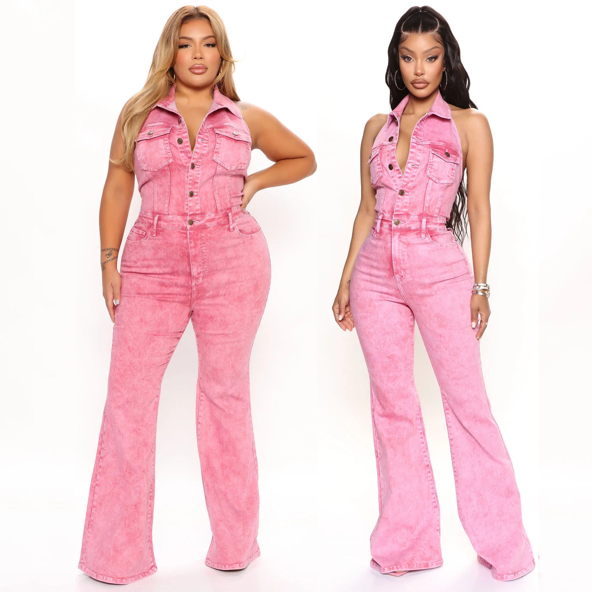 Women's Denim fashion sexy Low Back Turndown Collar pocket Jumpsuit 3
