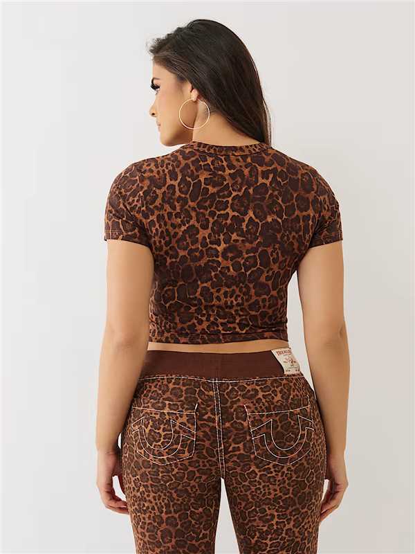 Women Leopard Print Casual Short-Sleeved Top and Bell Bottom Pant Two-Piece Set 5