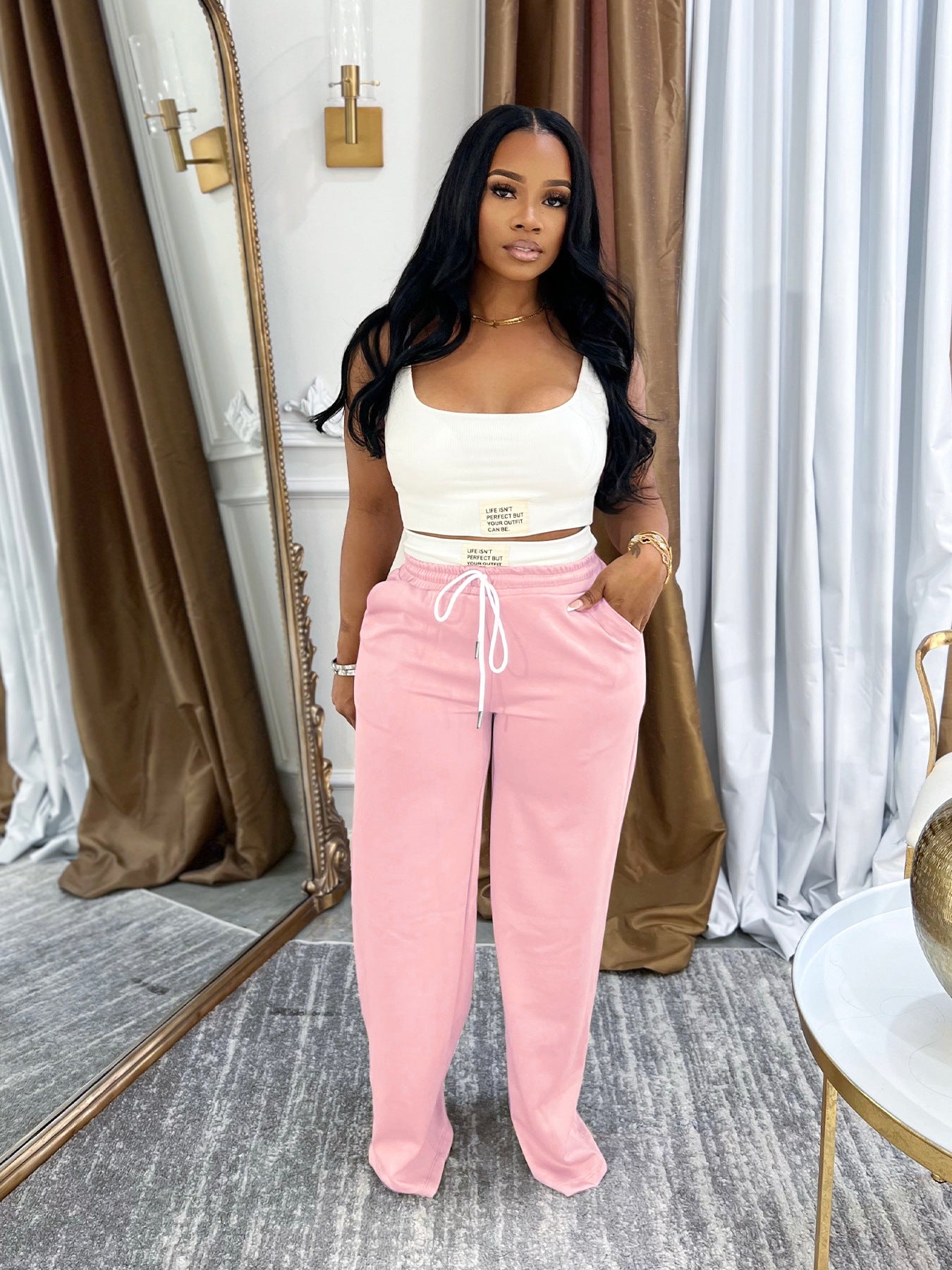 Women Sports Tank Top and Drawstring Wide-leg Pants Two-piece Set 7