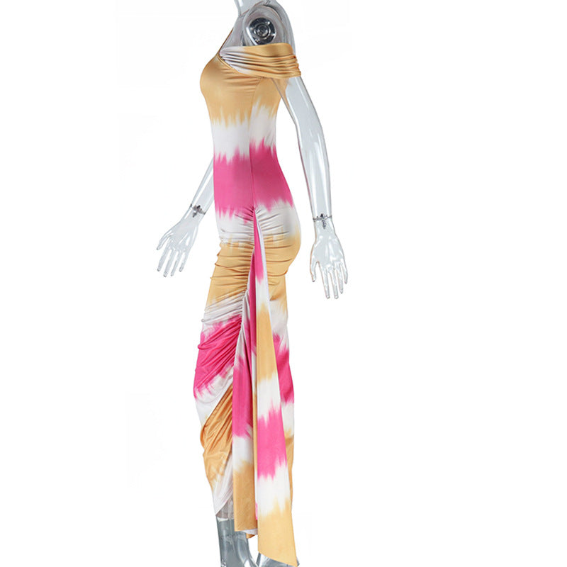 Slash Shoulder Tight Fitting Dress Printed Maxi Bodycon Women Dress 12