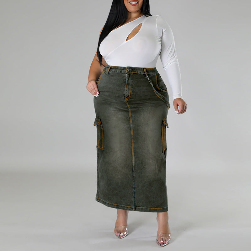 Plus Size Women Denim Strap Slit Skirt
