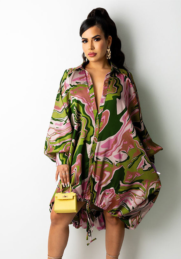 Ladies Printed Loose Drawstring Button Dress