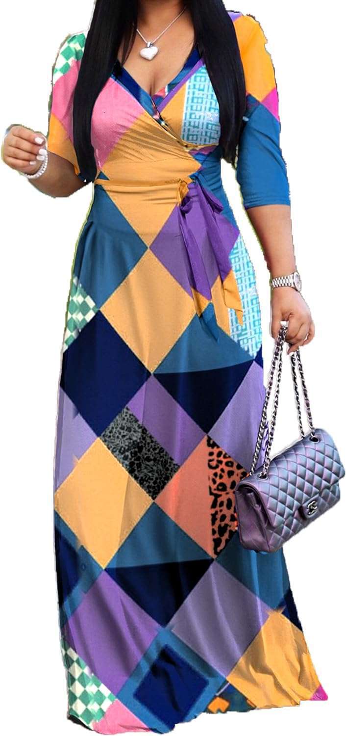 Spring & Autumn Women's Fashion Elegant Wrap V-Neck Half-Sleeve Print Belt Maxi Dress 8