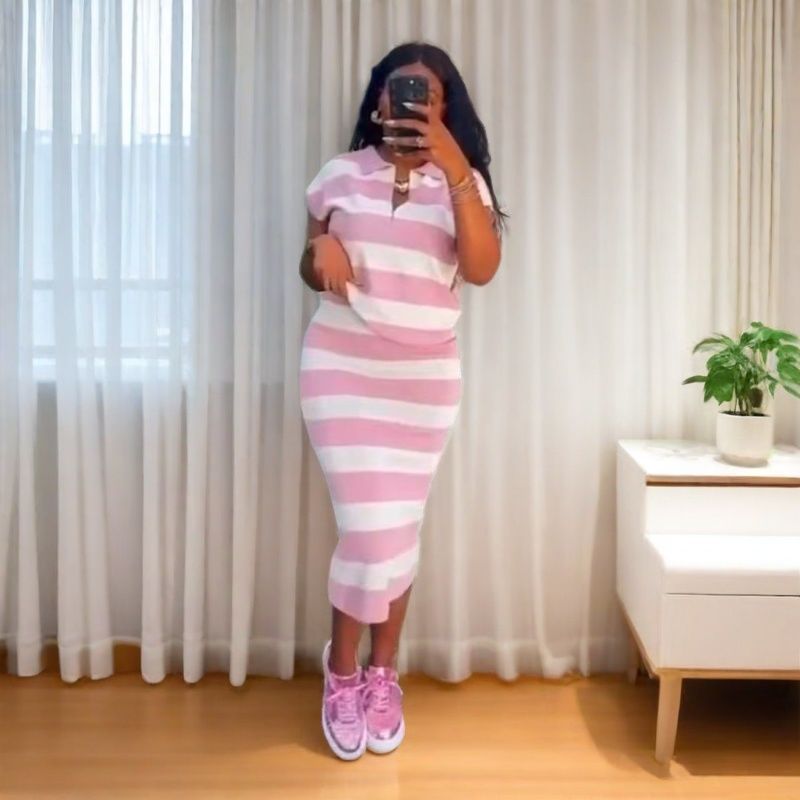 Trendy Striped Long-Sleeve Knit Sweater & High-Waist Bodycon Skirt Set 3