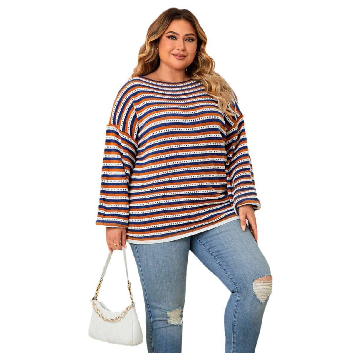 Plus Size Women Striped Loose Round Neck Top 6