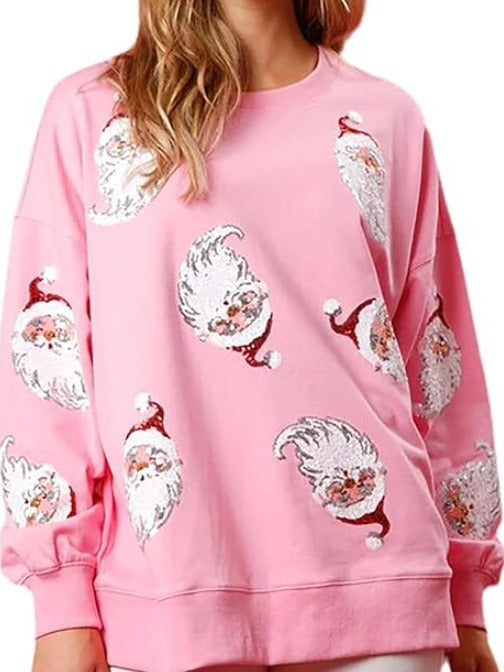 Autumn And Winter Christmas Round Neck Loose Sequin Women T-Shirt 5