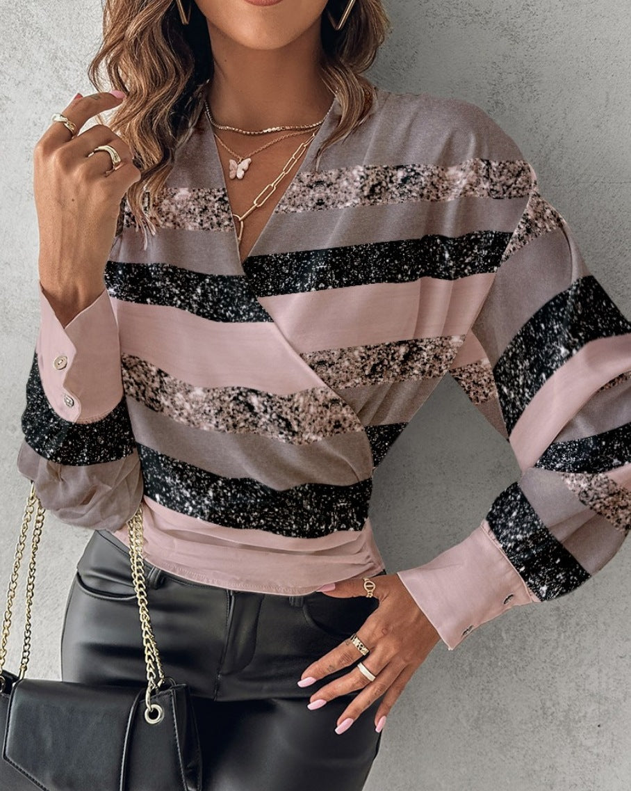 Women Long Sleeve V-Neck Printed Shirt 14