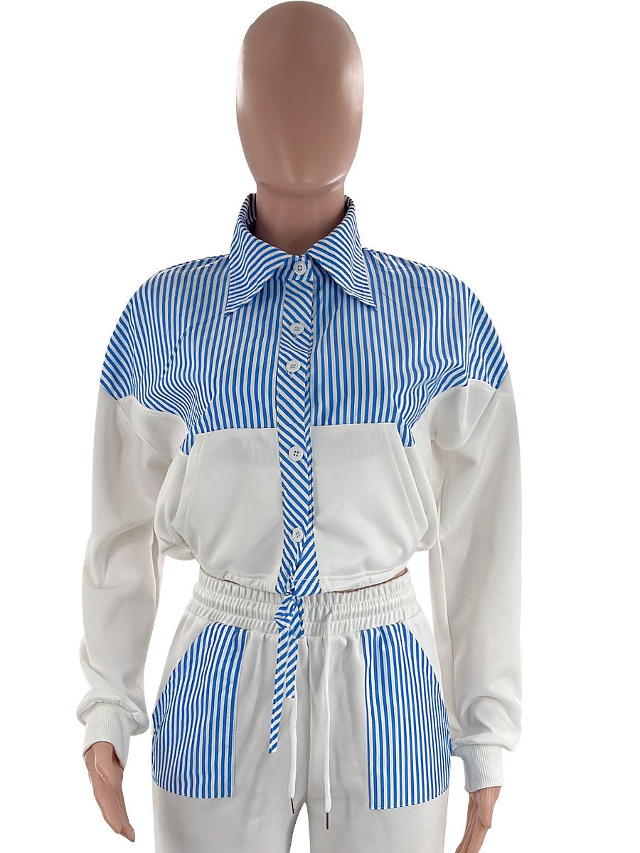 Women Casual striped color-blocked long-sleeved shirt and trousers two-piece set 13