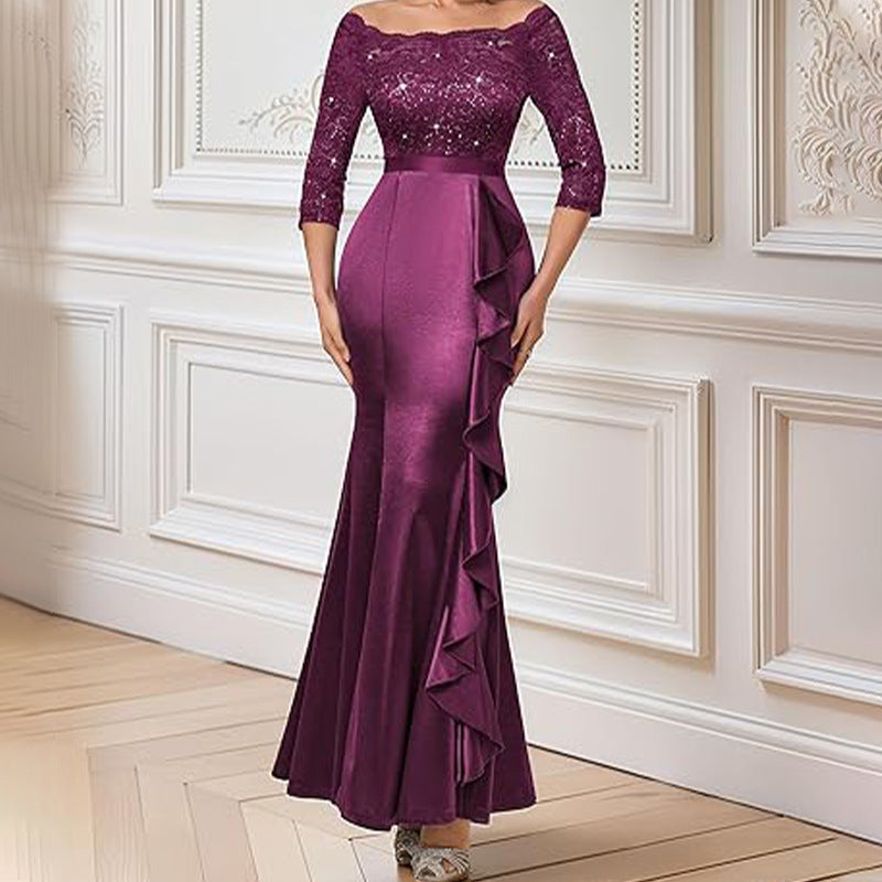 Women Elegant Floral Lace Pleated Slit Maxi Dress 7