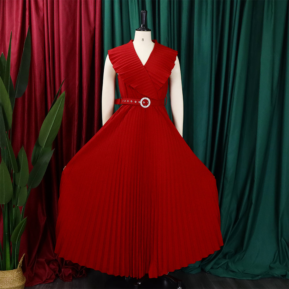 Women Summer Sexy Ruffled Pleated Maxi Dress with Belt 17