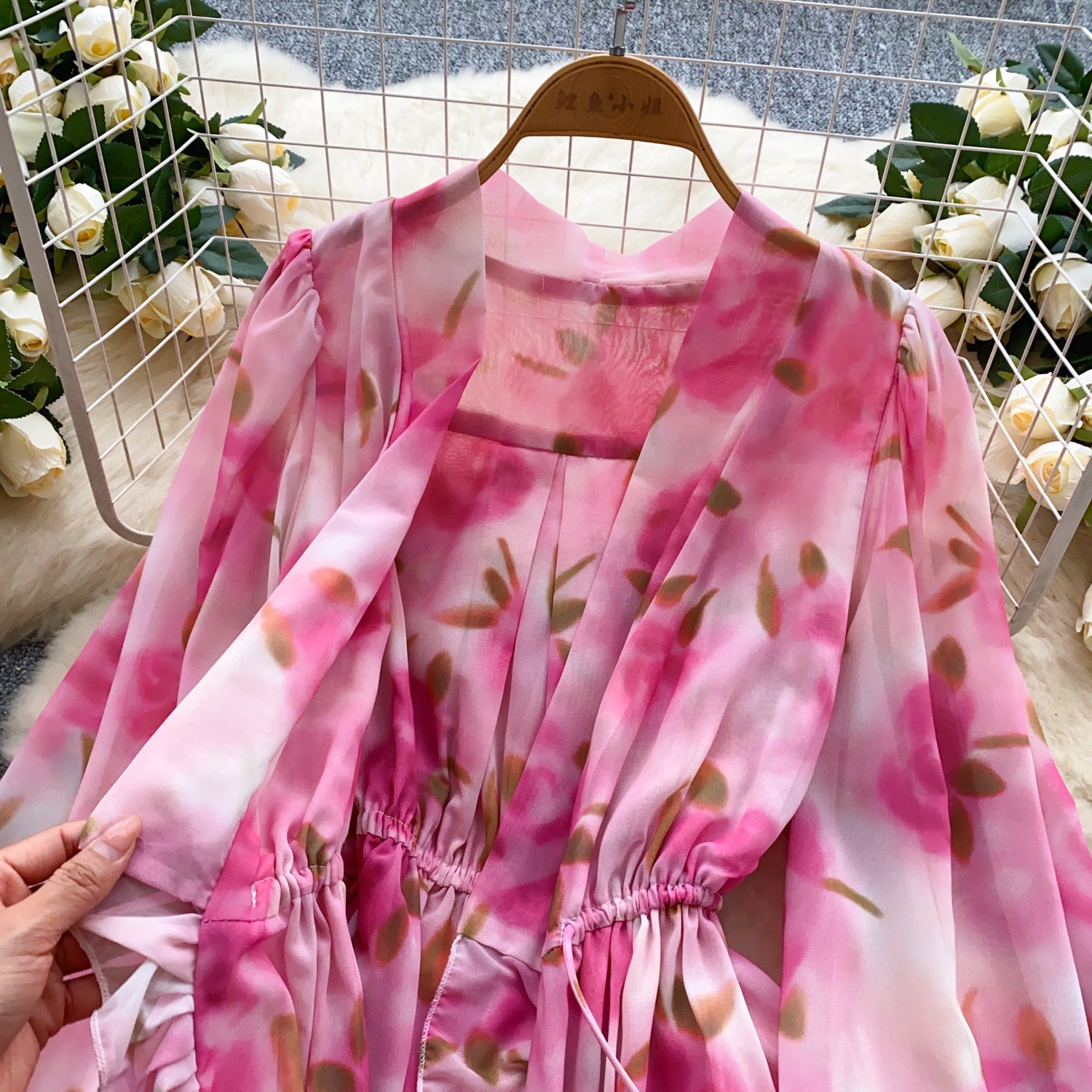 Holidays Style Women's Lace Up Slim Waist V neck Lantern Sleeve Ruffled Floral Short Dress 6