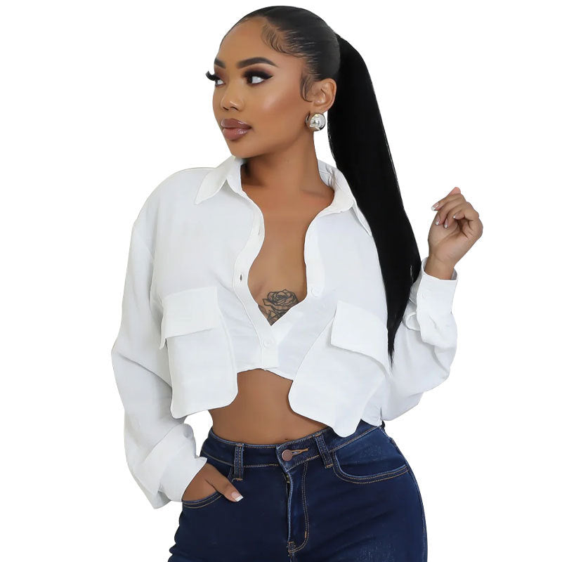 Women long-sleeved Solid button shirt 7