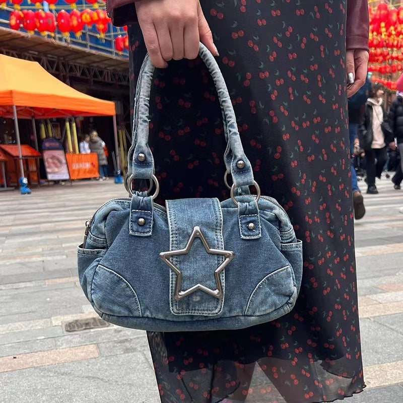 Women retro metal five-pointed star Denim handbag
