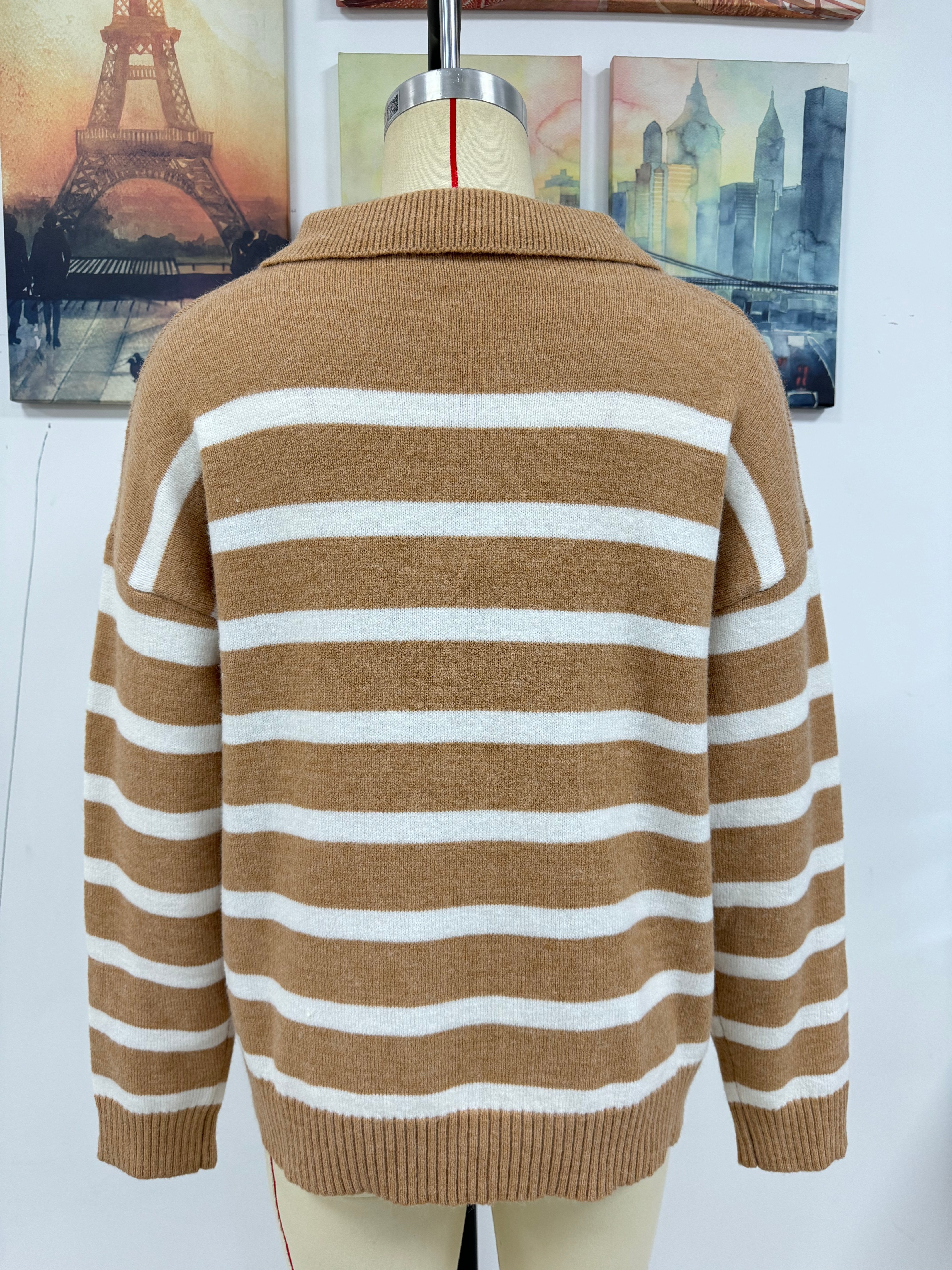 Autumn And Winter Women's Fashion Stripe Turndown Collar Loose Knitting Sweater 19