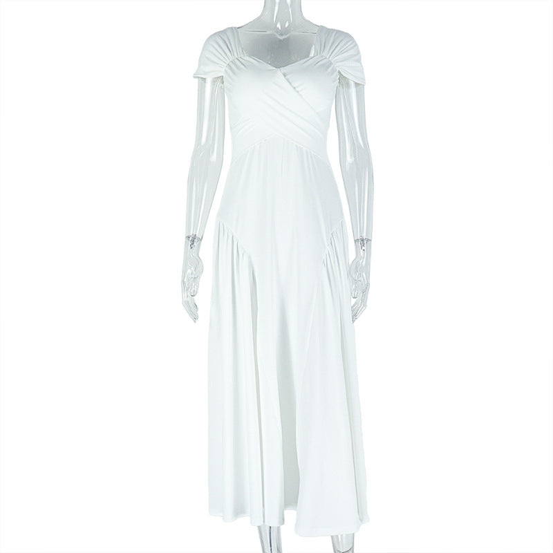 Elegant women's solid color pleated A-line V-neck short-sleeved low back long dress formal party dress 11