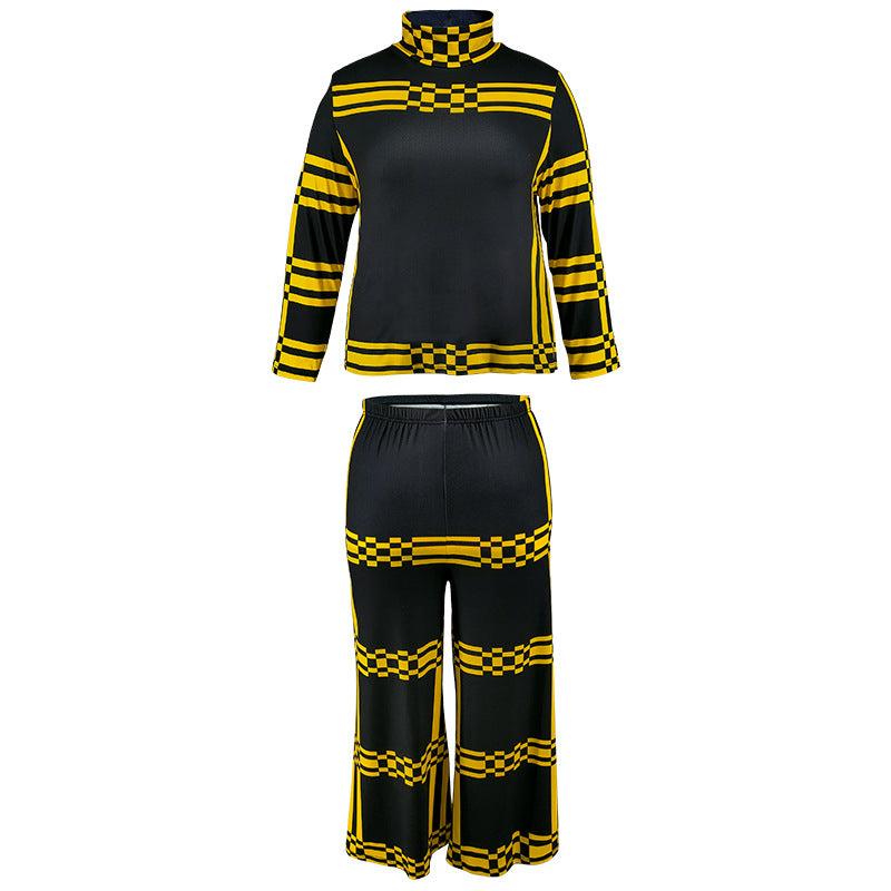 Plus Size Women Stand Collar Striped Long Sleeve Top and Straight Pants Two-piece Set 7