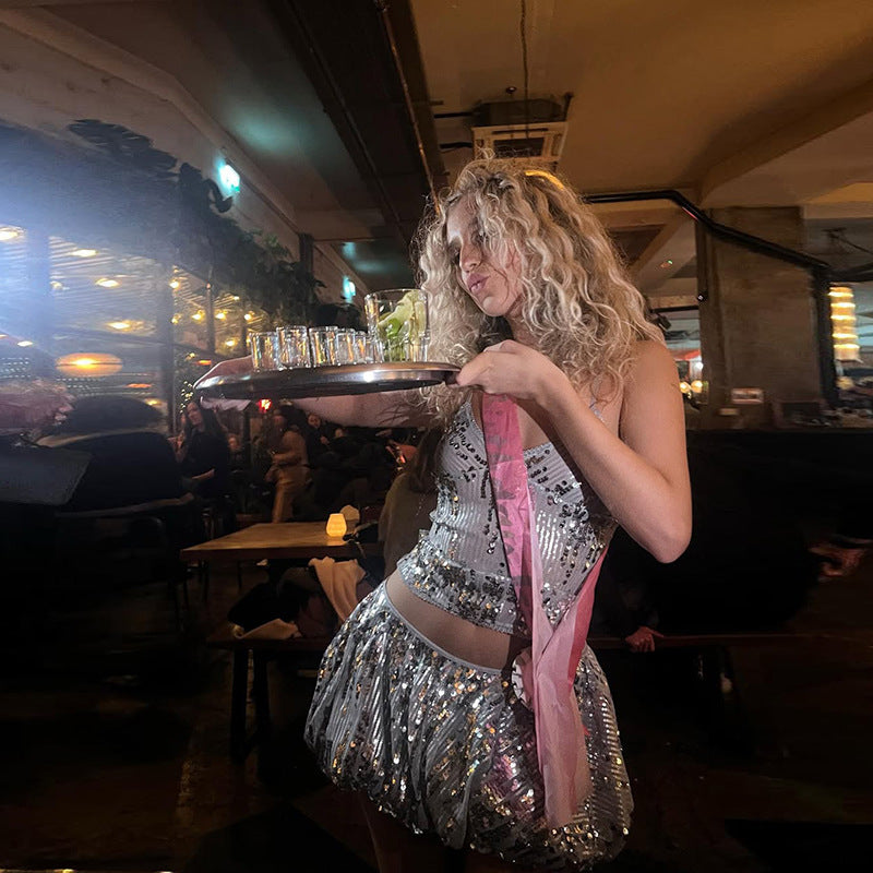 Women's Spring Sequined Two-Piece Puffy Skirt Set 4