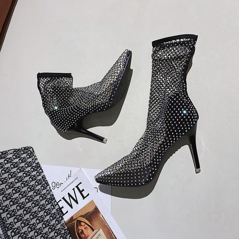 Sandals Women's High Heels Early Autumn Sexy Pointed Thin Heel Mesh Socks Hollow out Rhinestone Socks Boots Short Boots Cool Boots 15