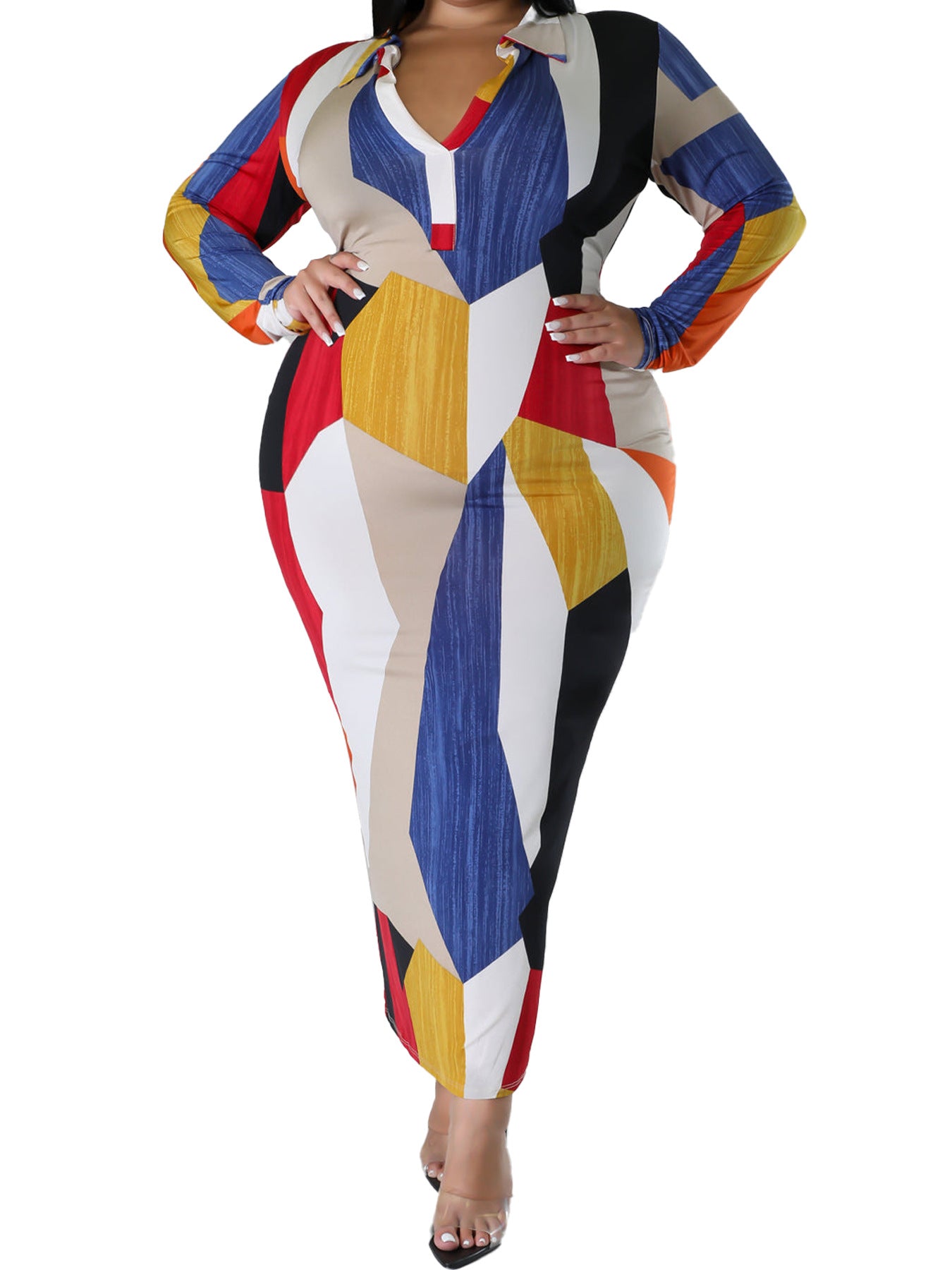 Plus Size Women Winter Turndown Collar Long Sleeve Dress 7