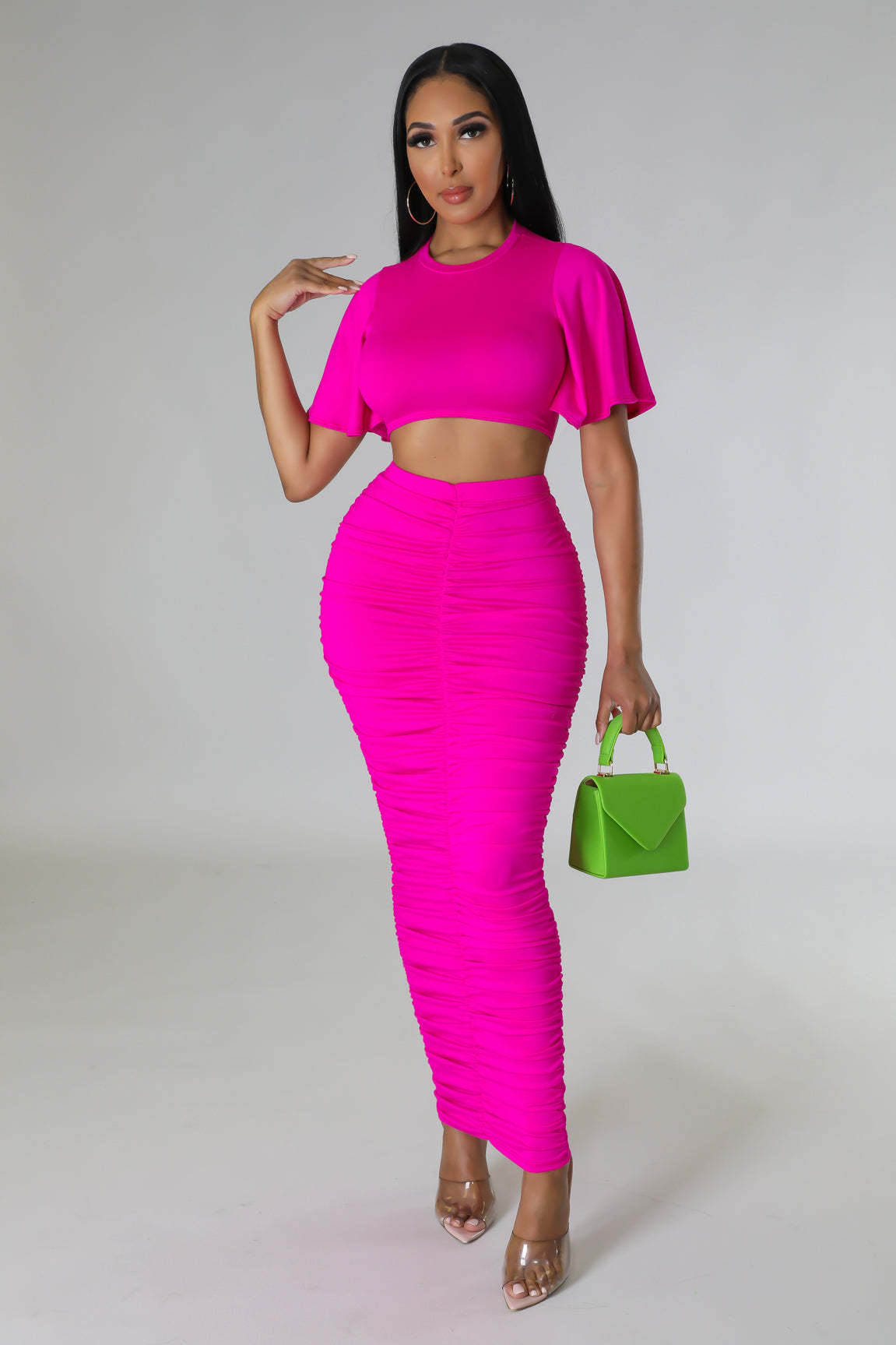 Solid Color Sexy Short-Sleeved Crop Top Slim Long Skirt Two Piece Set 9