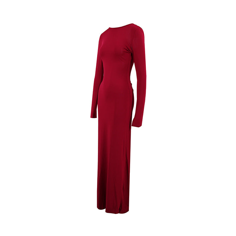Women Pleated Long Sleeve Backless Bodycon Maxi Evening Dress 22