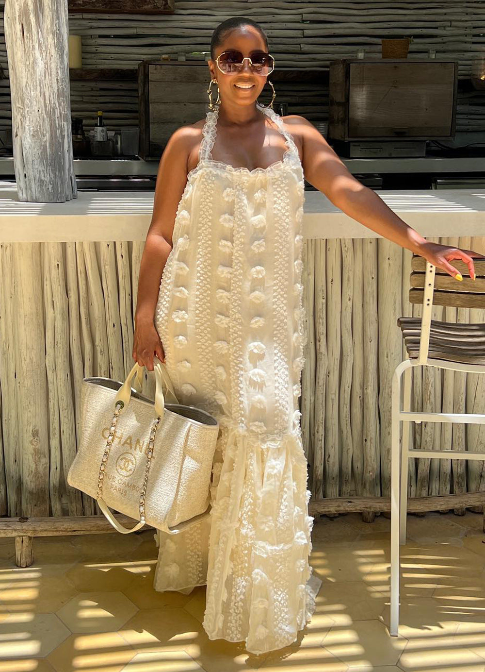 Women Sexy Flowers Halter Neck Cascading Ruffles Dress