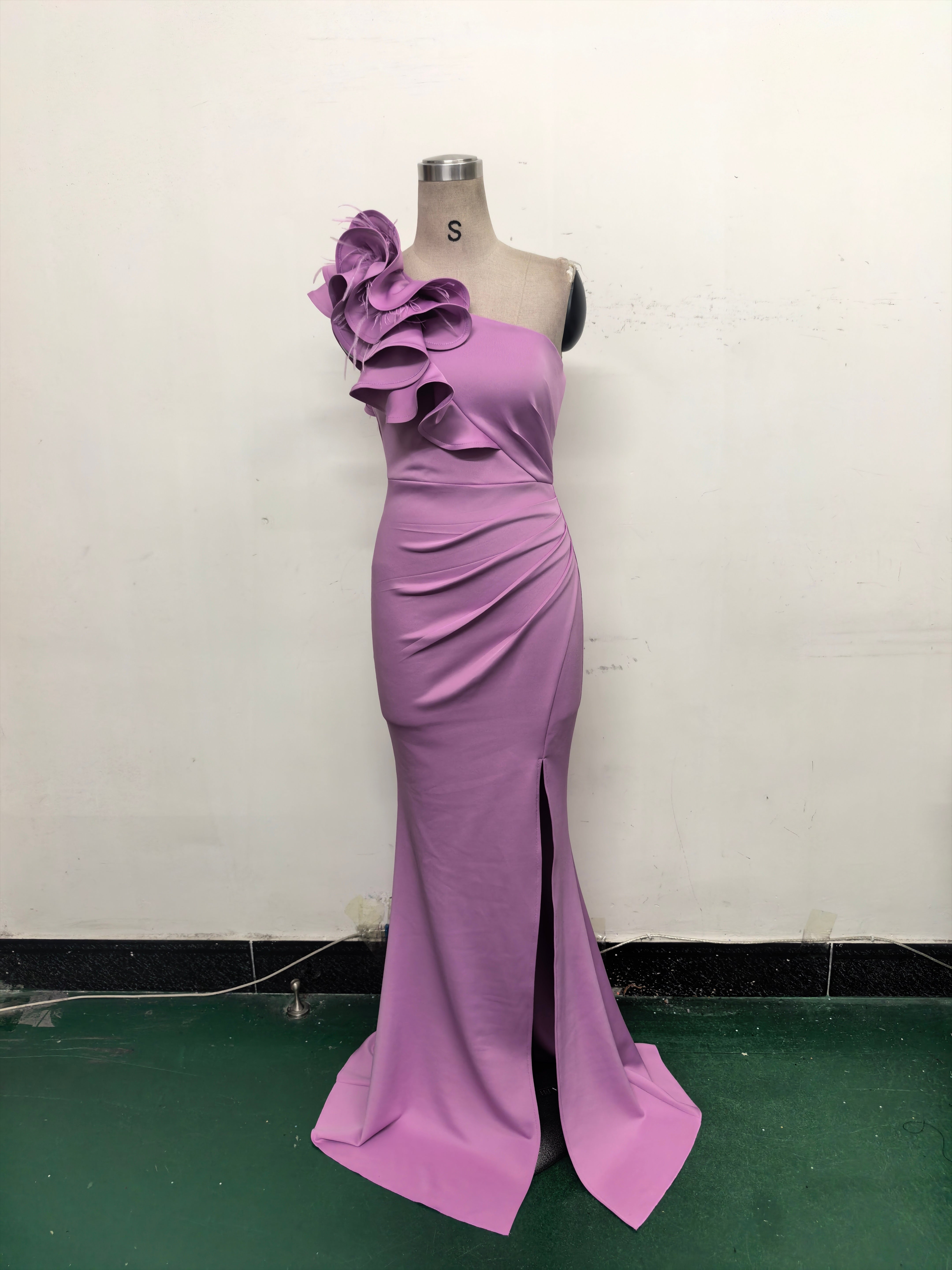 Women One-Shoulder Beaded Wool and Floral Satin Slit Sexy Evening Dress 33