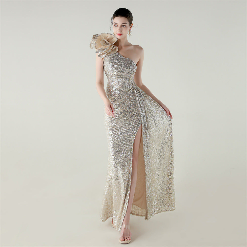 Women one-shoulder sequined flower beaded fishtail evening dress 5