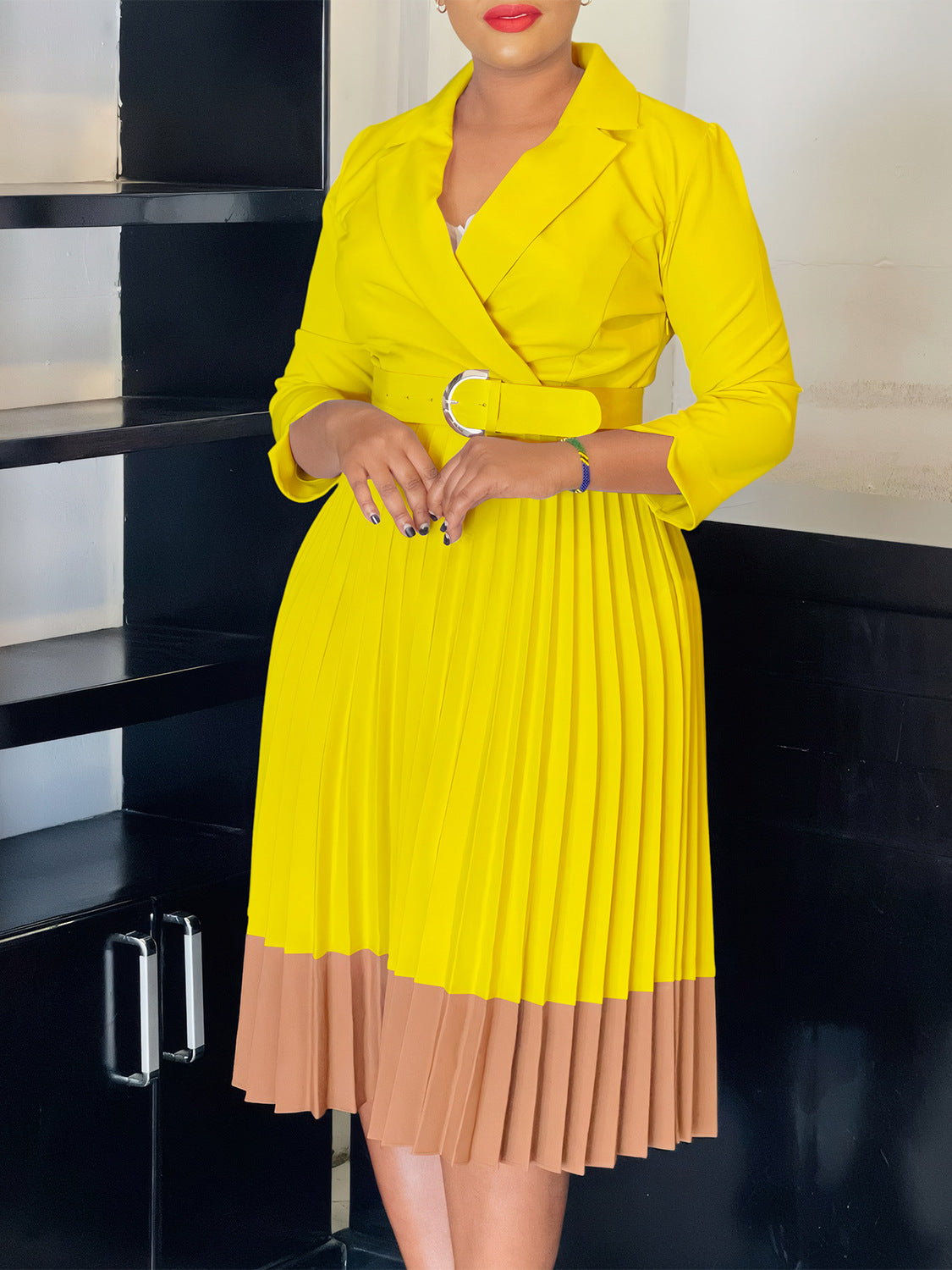 Women's Spring Turndown Collar Fashion Colorblock OL Elegant Pleated High Waist African Dress 6