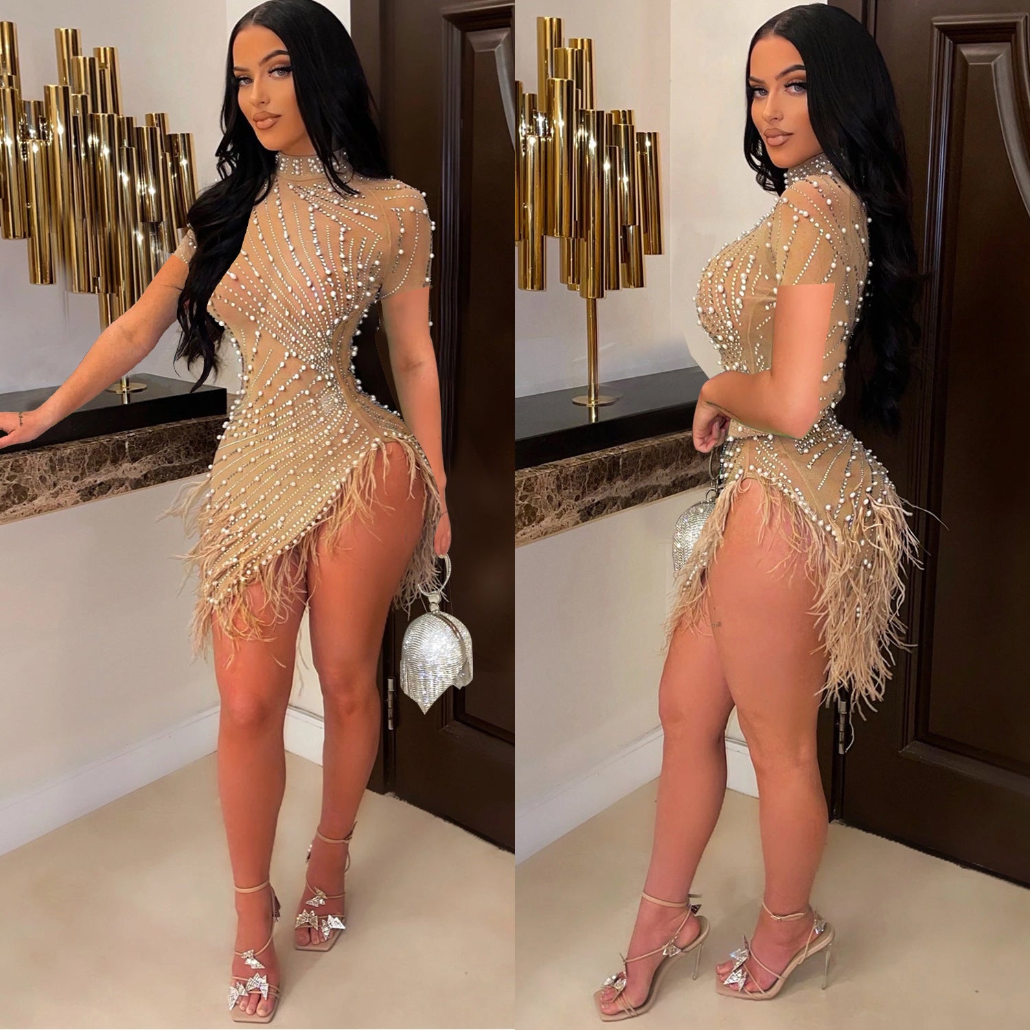 Summer Women's Sexy Mesh Beaded Tassel Short Dress 8